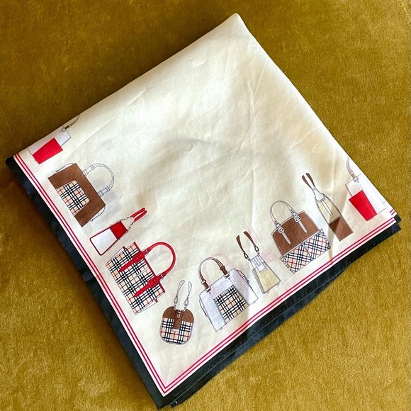 Burberry Scarf w/pattern of Burberry Bags, white/red/black, EUC - Picture 9 of 11
